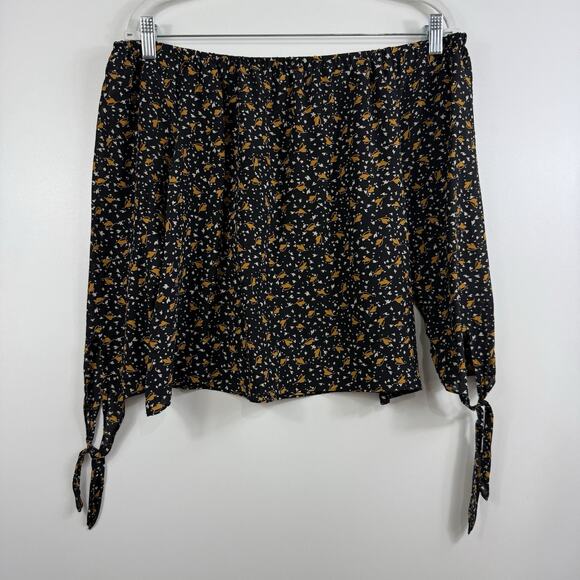 Madewell 100% Silk Off the Shoulder Top Small Falling Leaves Tie Sleeves Sheer - Picture 10 of 11